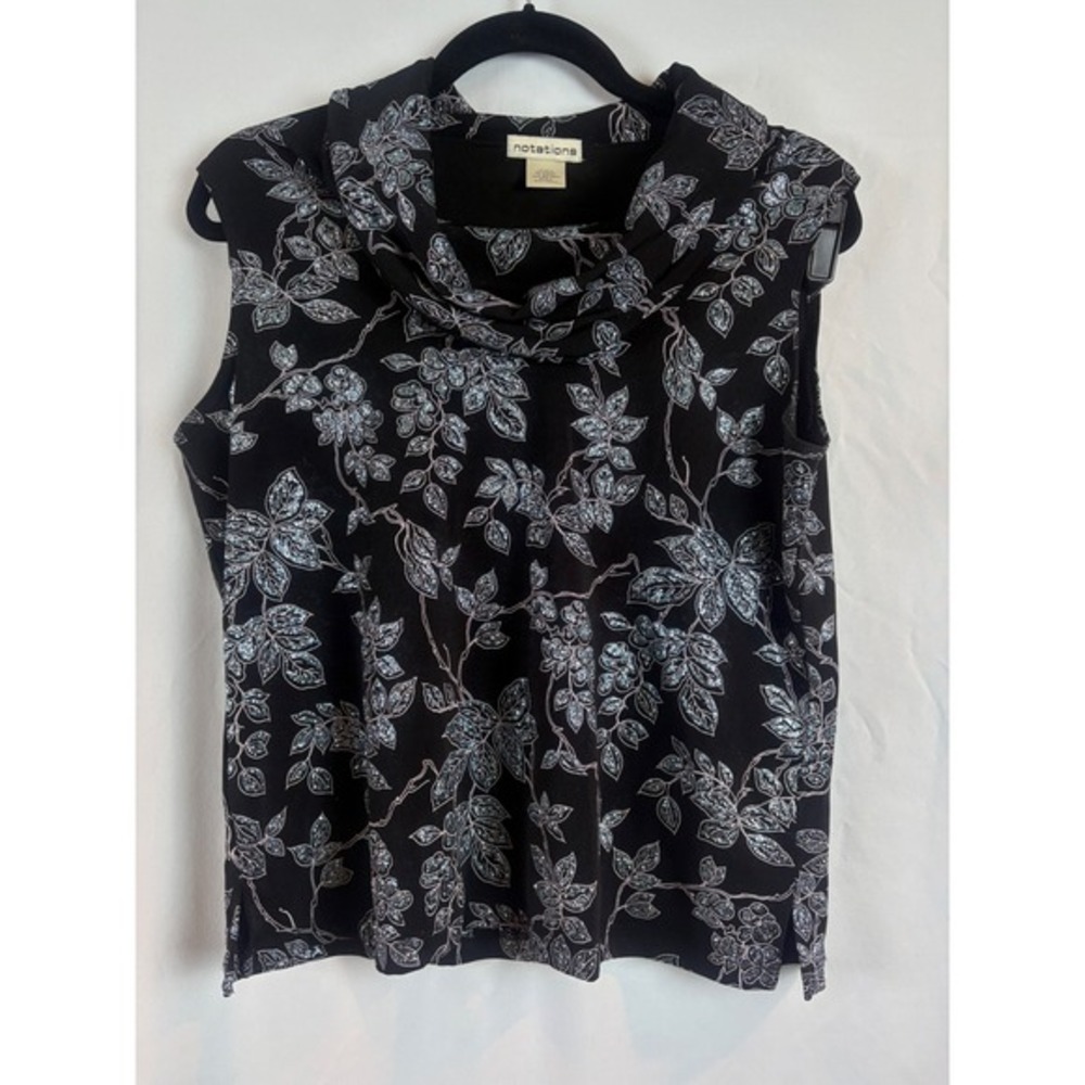 Notations Womens‎ Cowl Neck Sleeveless Top Black Blue Glitter Floral MSLT0003 L